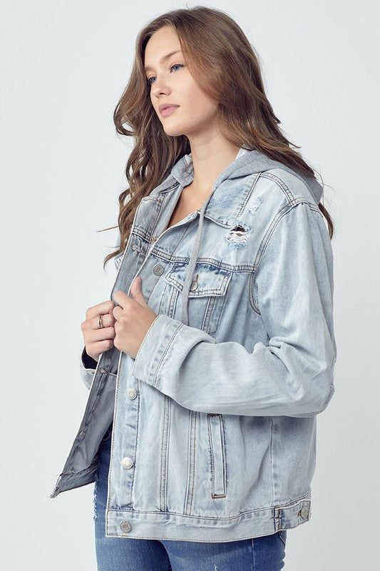 Distressed Drawstring Hooded Denim Jacket