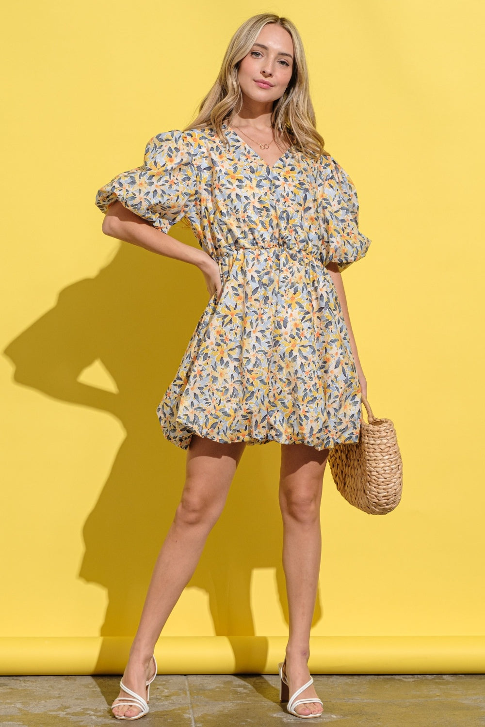 Floral Surplice Puff Sleeve Dress in Yellow