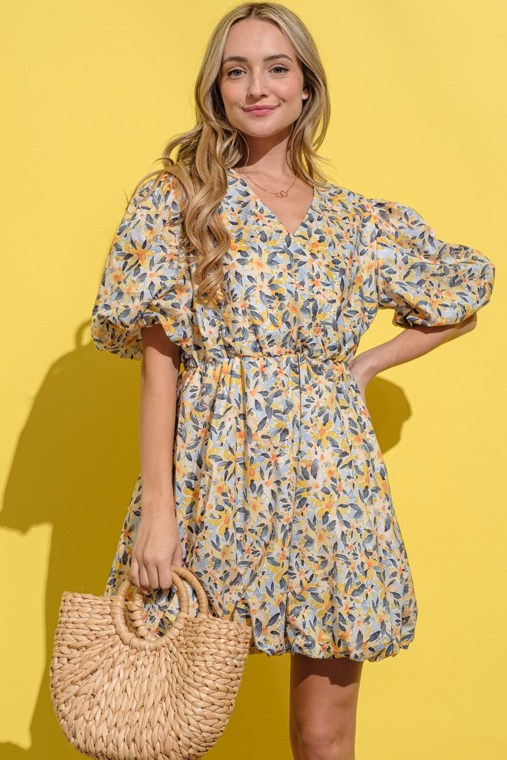 Floral Surplice Puff Sleeve Dress in Yellow