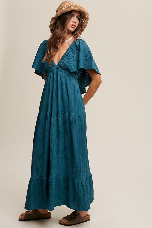 V-neck Ruffle Sleeve Flowy Vacation Dress