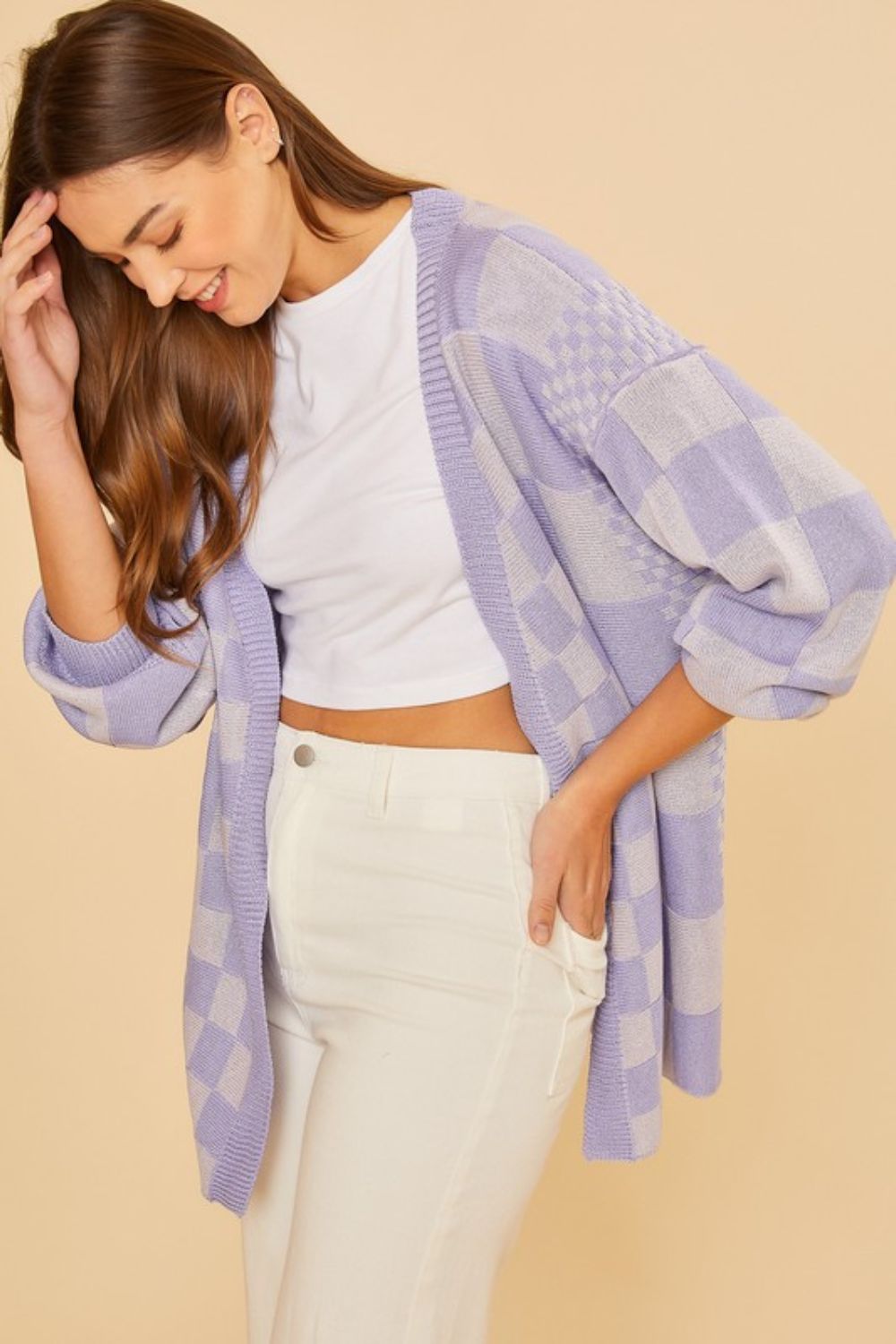 Checkered Open Front Drop Shoulder Cardigan