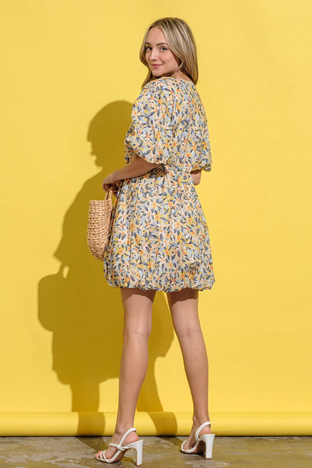 Floral Surplice Puff Sleeve Dress in Yellow