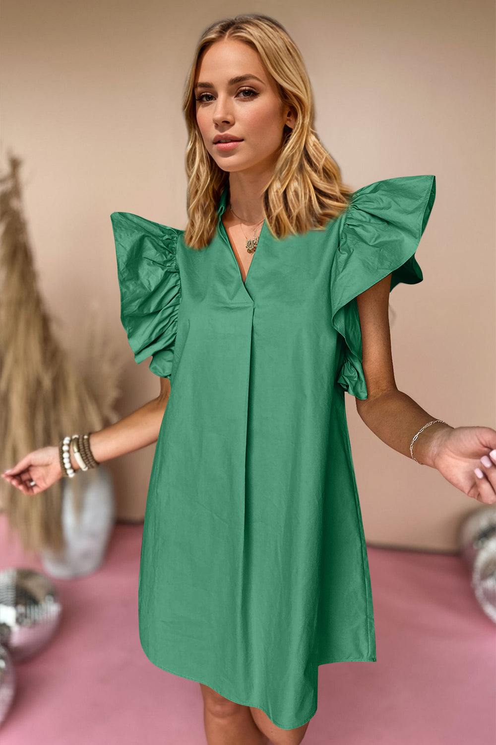 Ruched Johnny Collar Cap Sleeve Mini Dress