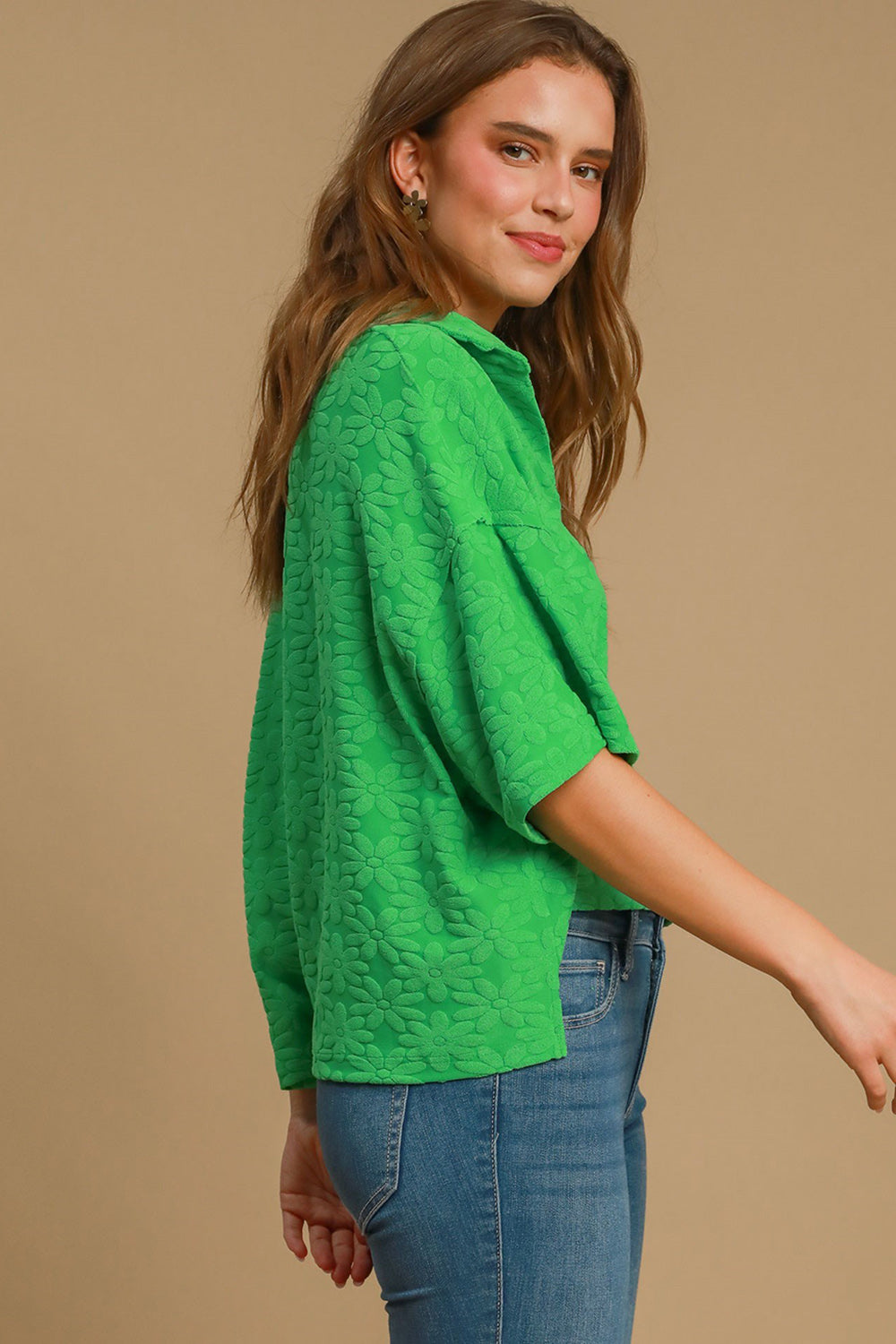 Floral Johnny Collar Half Sleeve Jacquard Top in Green