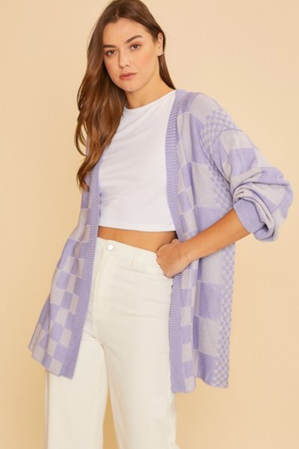 Checkered Open Front Drop Shoulder Cardigan