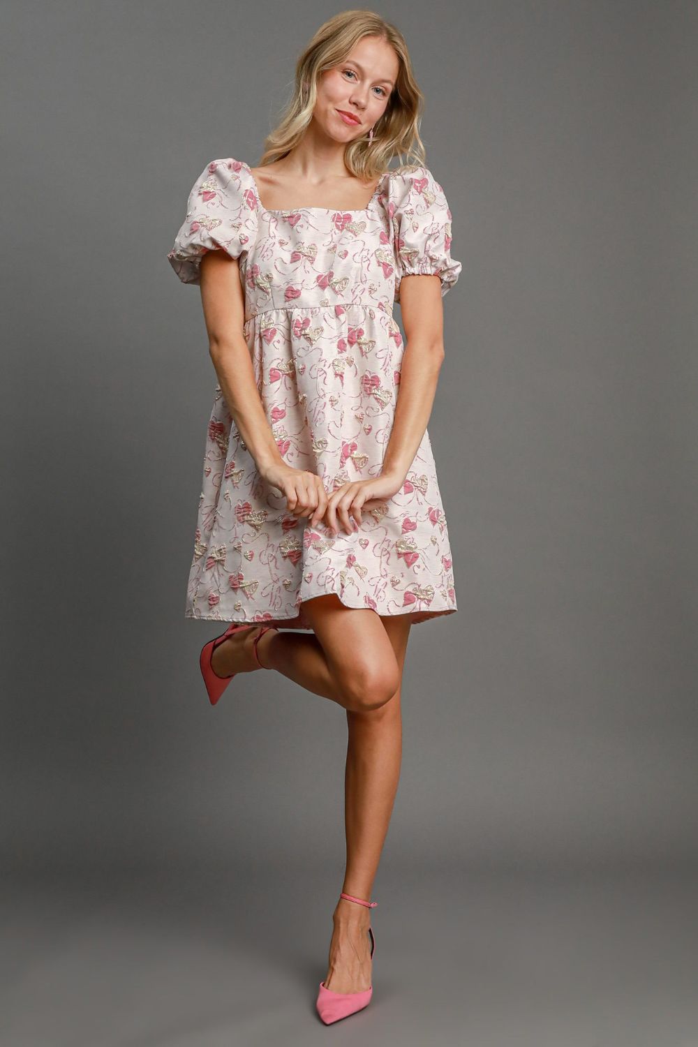 Heart Jacquard Square Neck Puff Sleeve Mini Dress