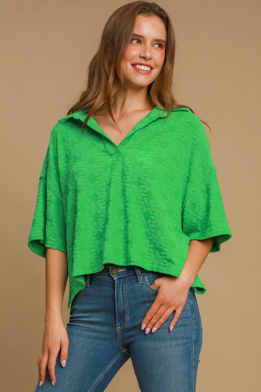 Floral Johnny Collar Half Sleeve Jacquard Top in Green