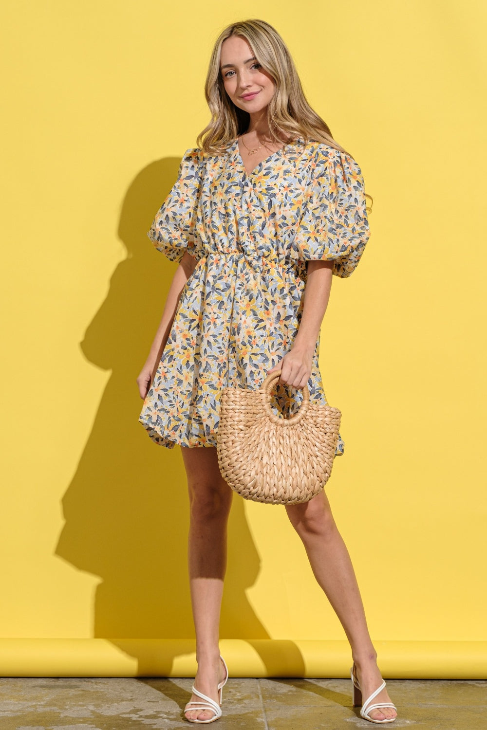 Floral Surplice Puff Sleeve Dress in Yellow