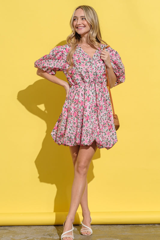 Floral Surplice Puff Sleeve Dress in Pink