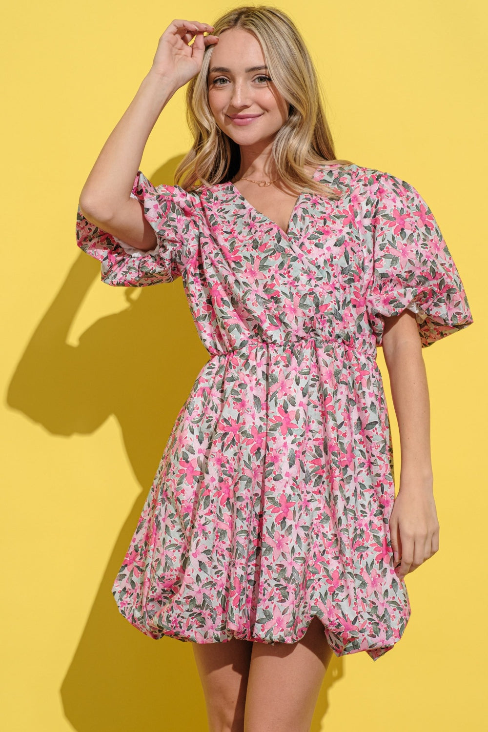 Floral Surplice Puff Sleeve Dress in Pink