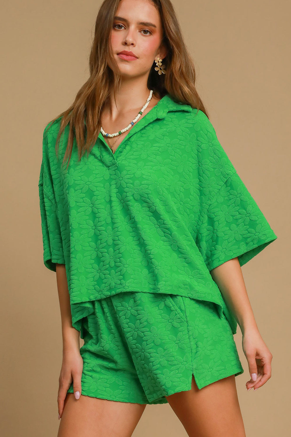 Floral Johnny Collar Half Sleeve Jacquard Top in Green