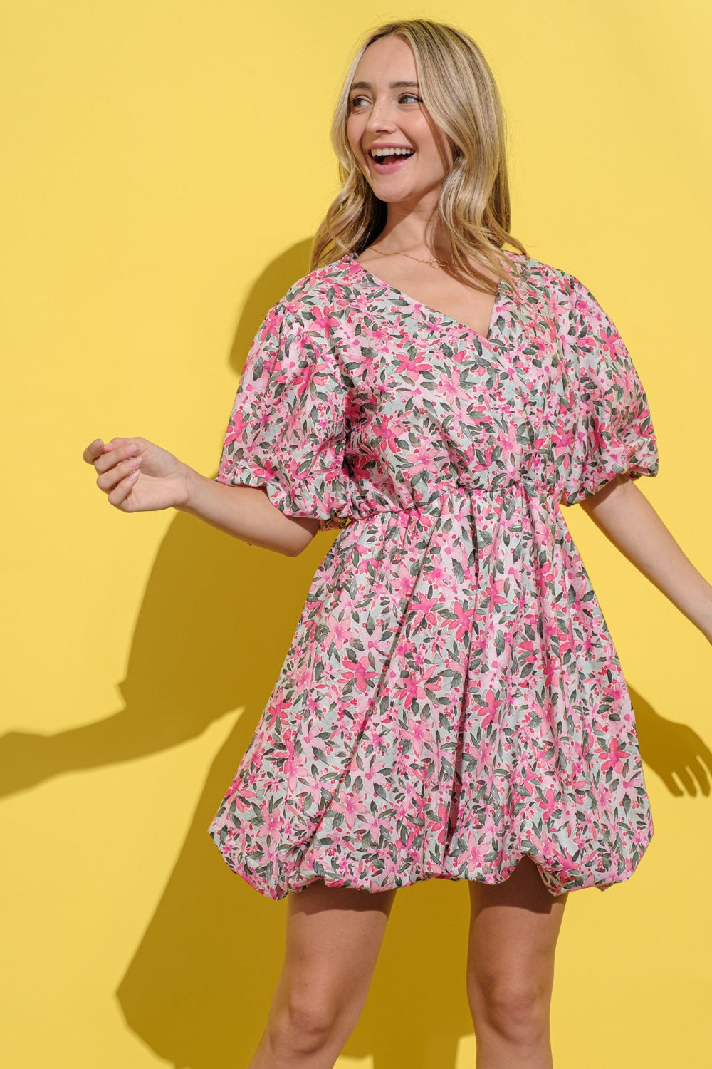 Floral Surplice Puff Sleeve Dress in Pink