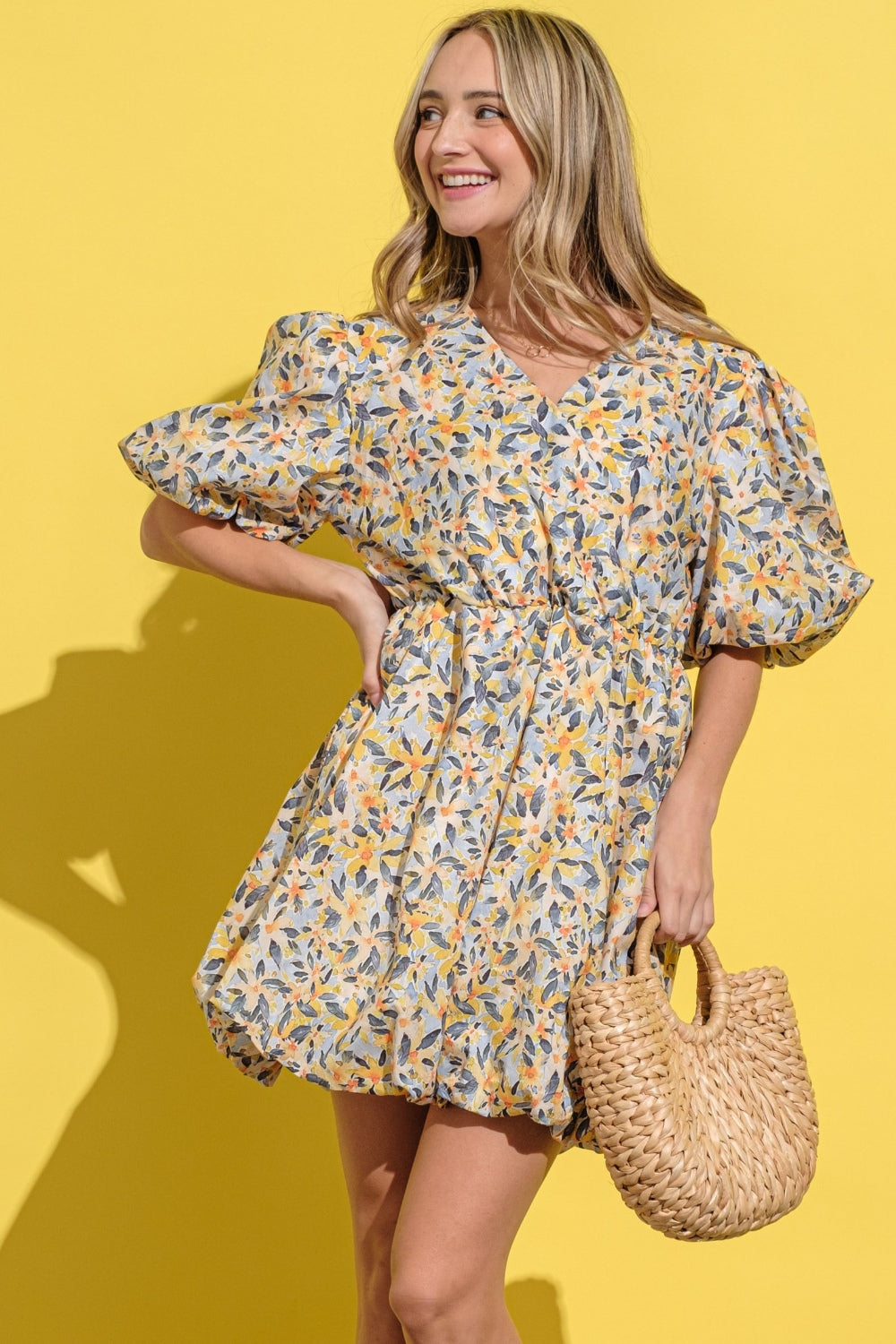 Floral Surplice Puff Sleeve Dress in Yellow