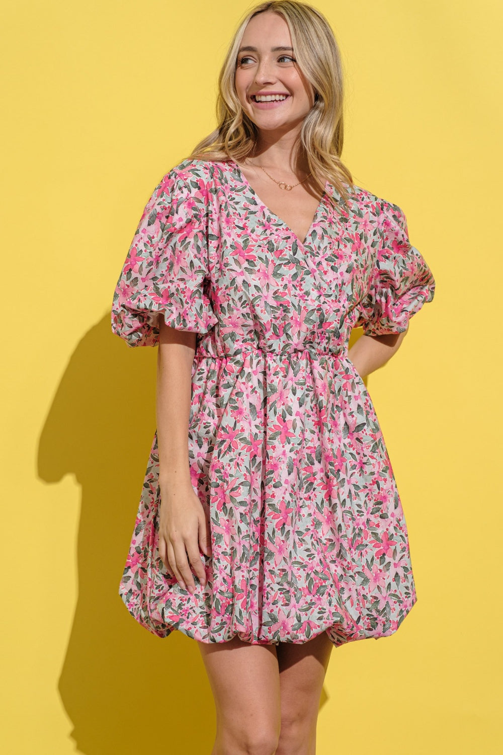 Floral Surplice Puff Sleeve Dress in Pink