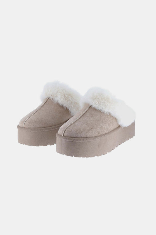 Thick Bottom Fur Trim Snow Slippers in Tan