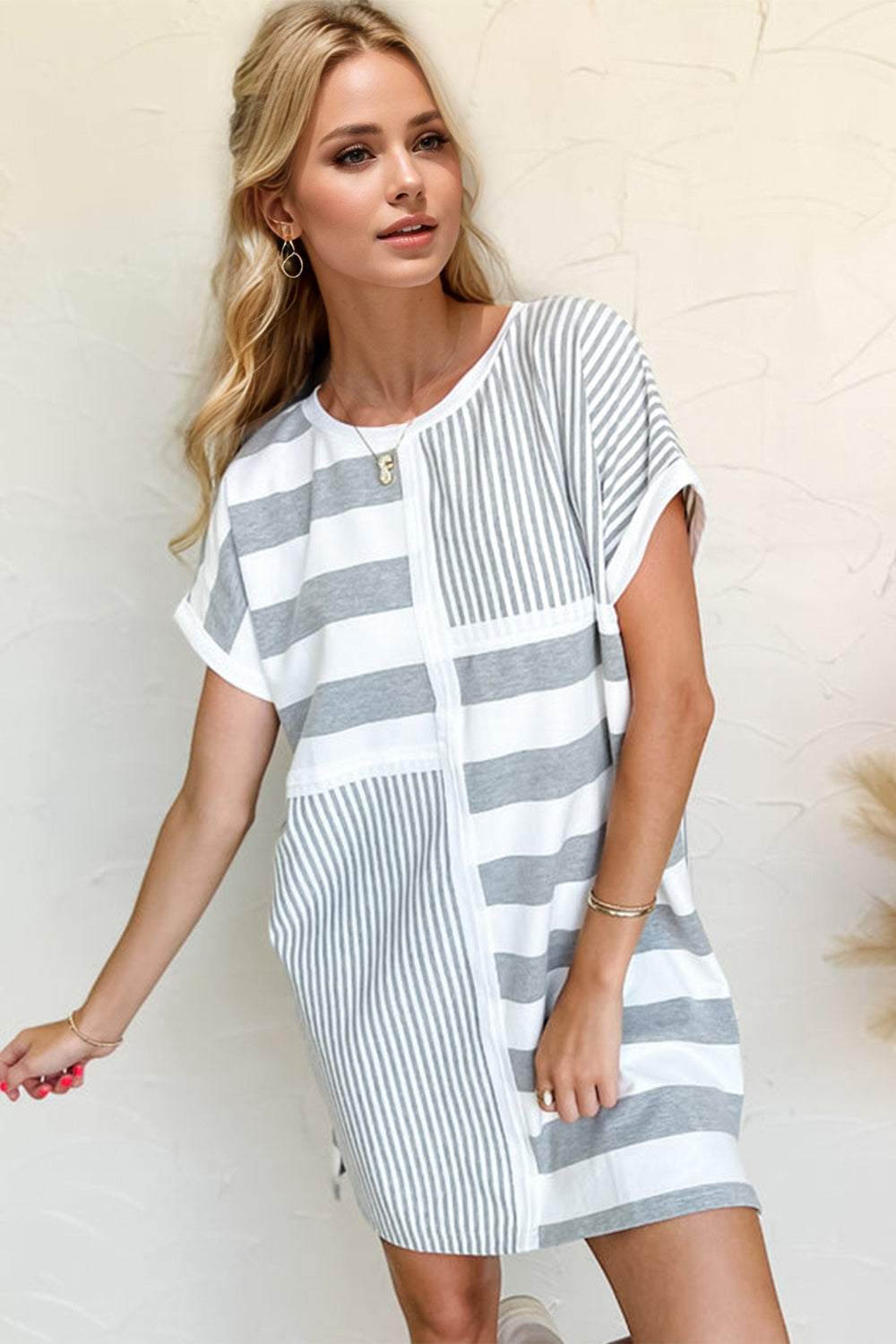 Striped Round Neck Short Sleeve Mini Tee Dress