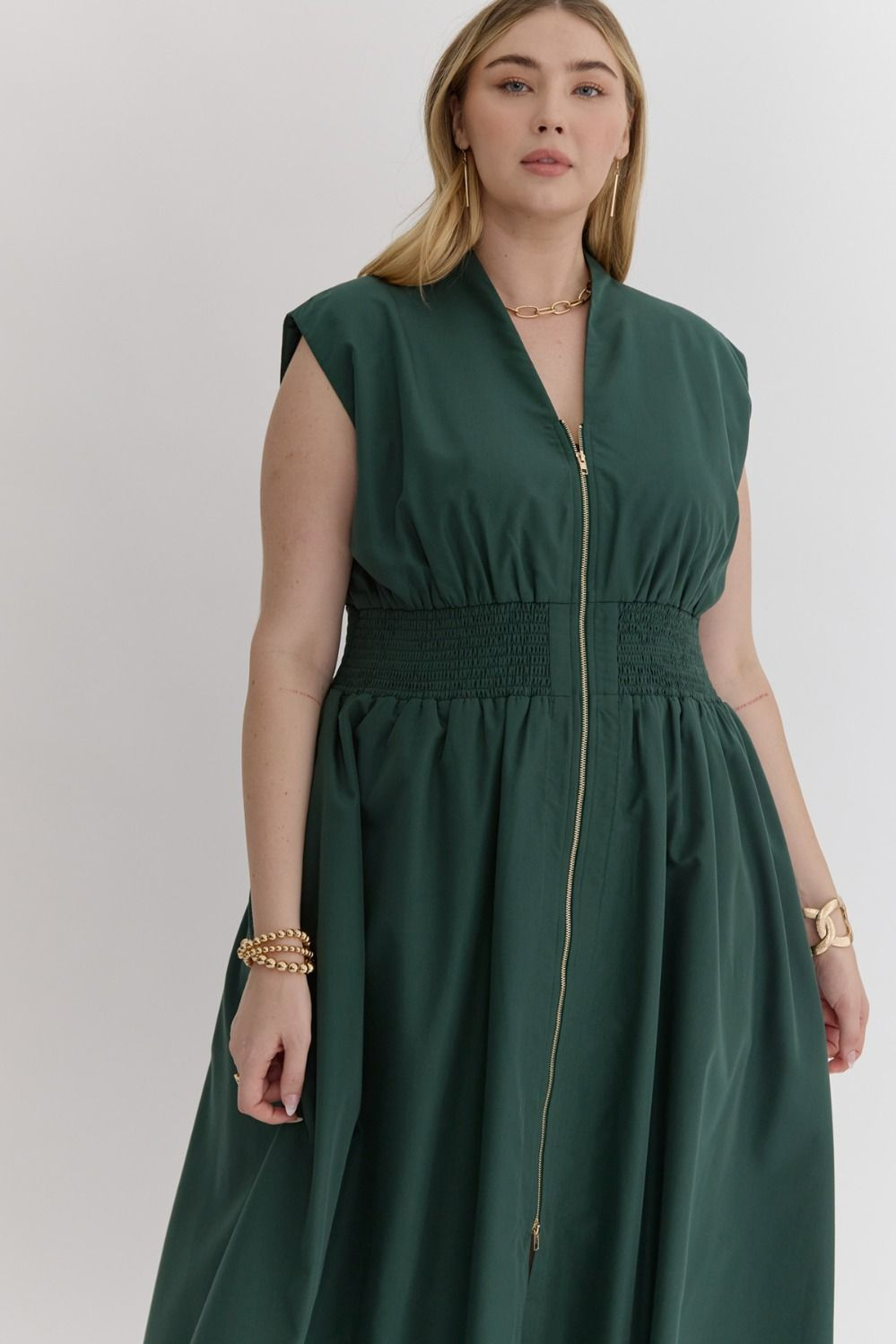 Solid V-Neck Sleeveless Dual Zipper Midi Dress in Hunter